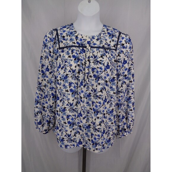 Talbots Petite Floral Popover Button Blouse Top Size XLP Blue White Crochet Trim - Picture 1 of 10